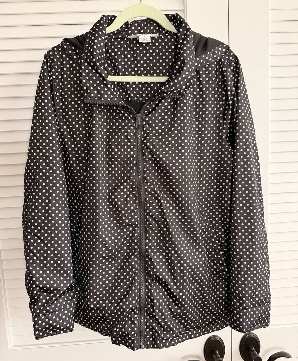 Liz Claiborne Weekend Black White Polka Dot Hooded Zip Jacket Large